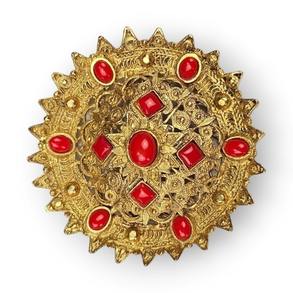 Vintage Mandala Filigree Brooch Faux Coral Red Gold Plated Layered Large 2 7/8"
